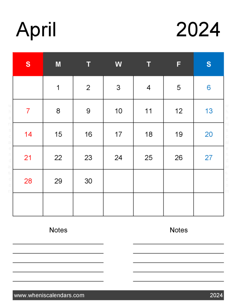Download April 2024 Calendar page Printable Letter Vertical 44261