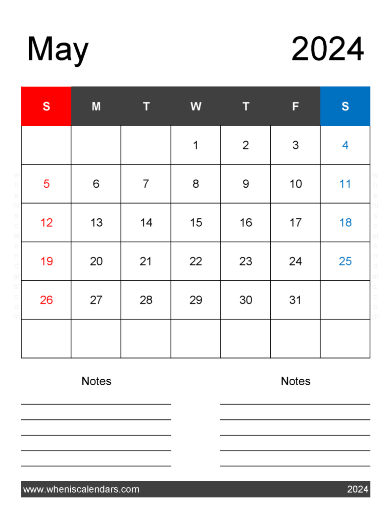 Download May 2024 Calendar page Printable Letter Vertical 54261