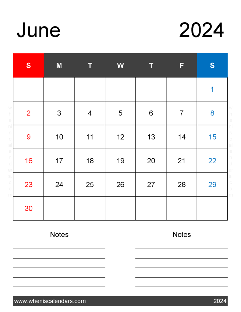 Download June 2024 Calendar page Printable Letter Vertical 64261