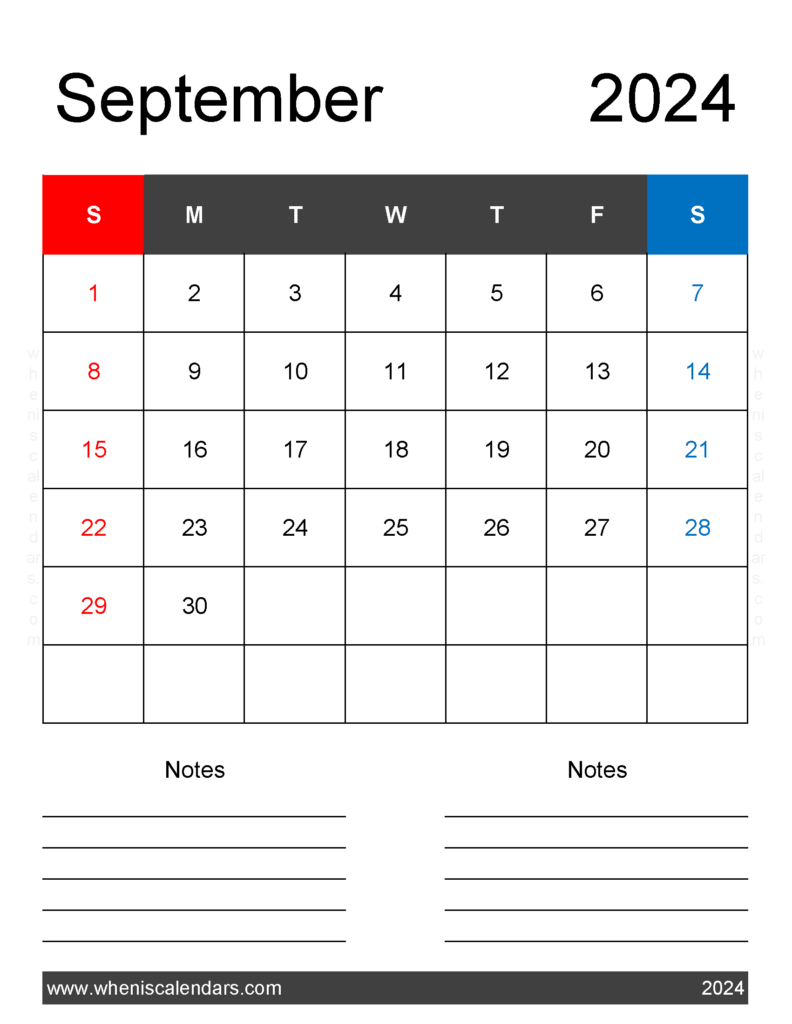 Download September 2024 Calendar page Printable Letter Vertical 94261