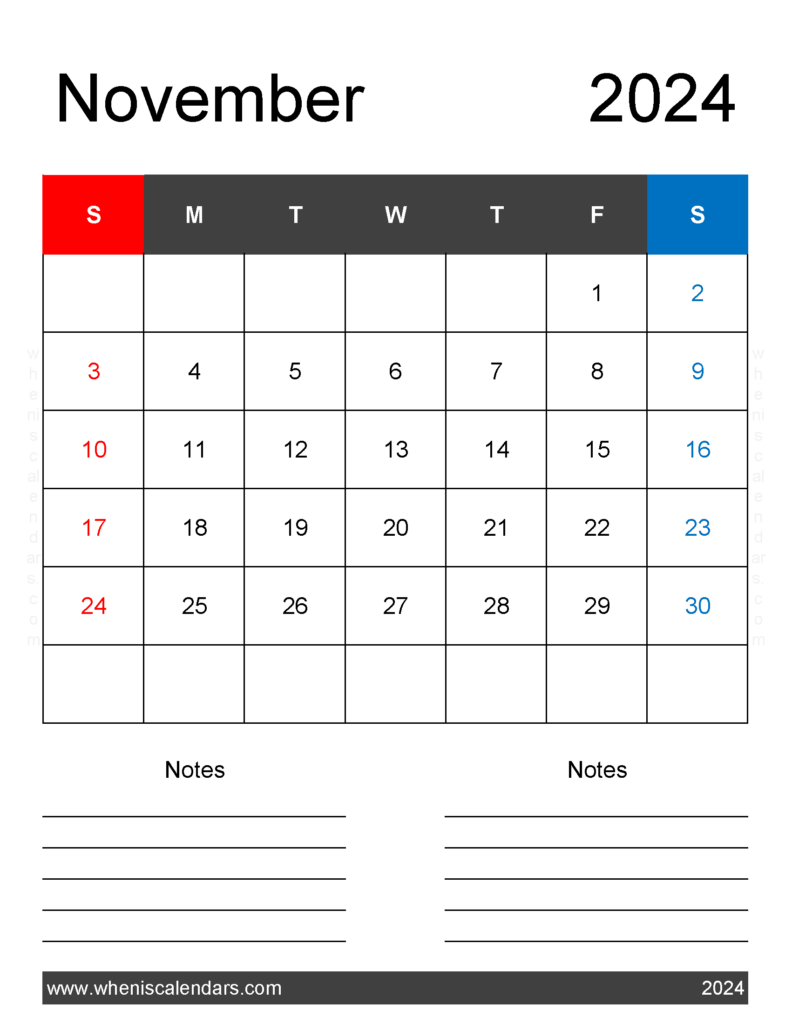 Download November 2024 Calendar page Printable Letter Vertical 114261