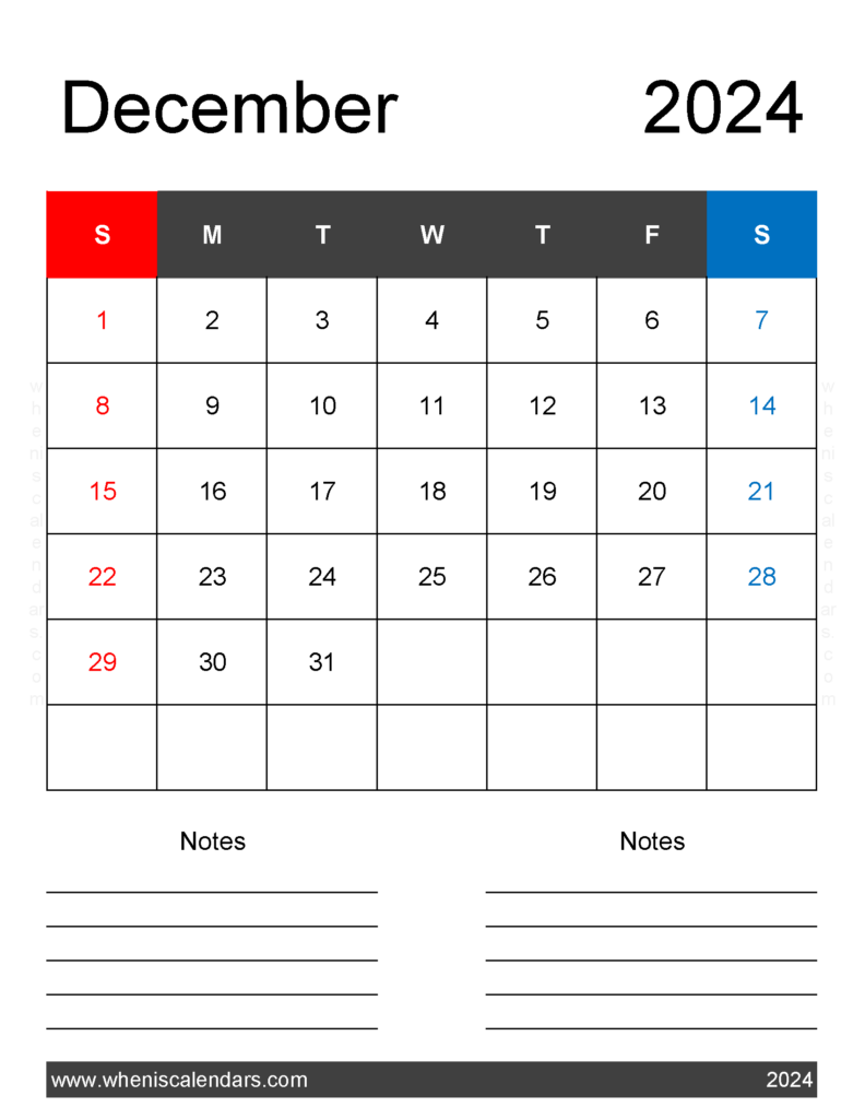 Download December 2024 Calendar page Printable Letter Vertical 124261