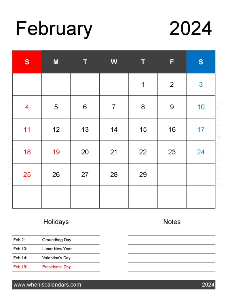 Download 2024 Printable February Calendar Letter Vertical 24181