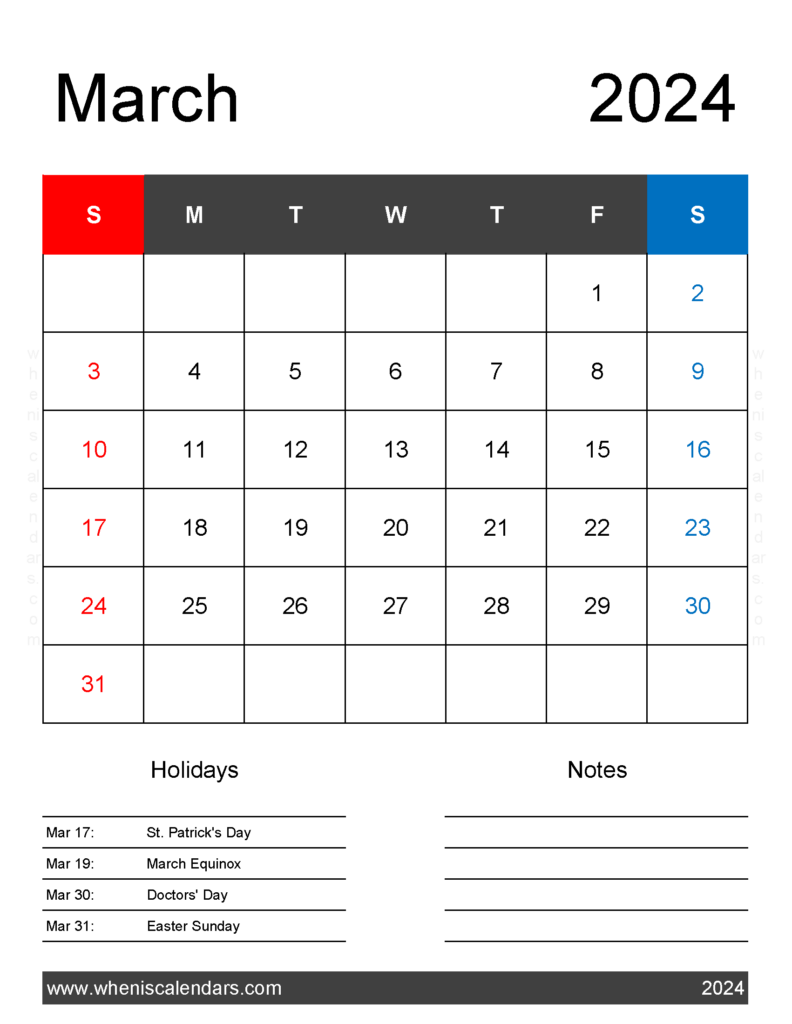 Download 2024 Printable March Calendar Letter Vertical 34181