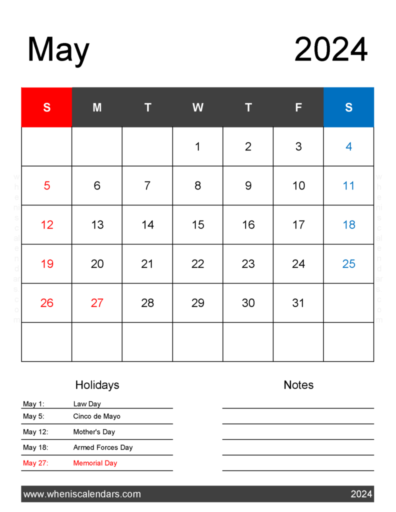 Download 2024 Printable May Calendar Letter Vertical 54181