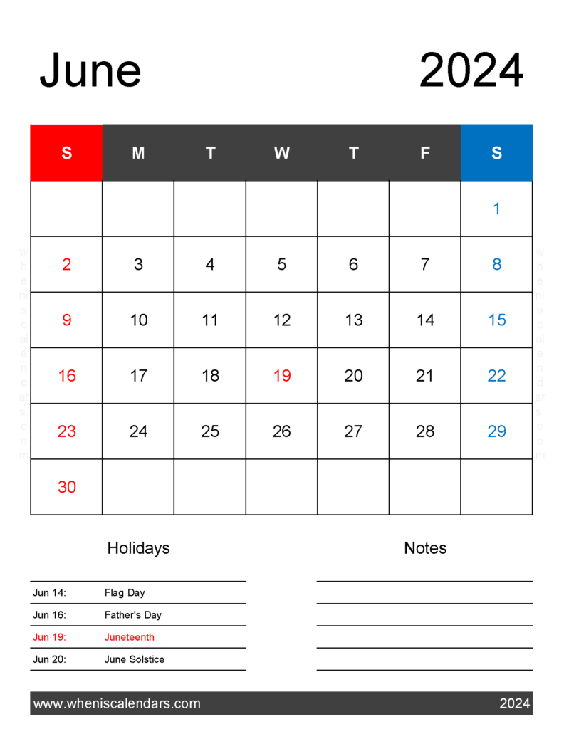 Download 2024 Printable June Calendar Letter Vertical 64181