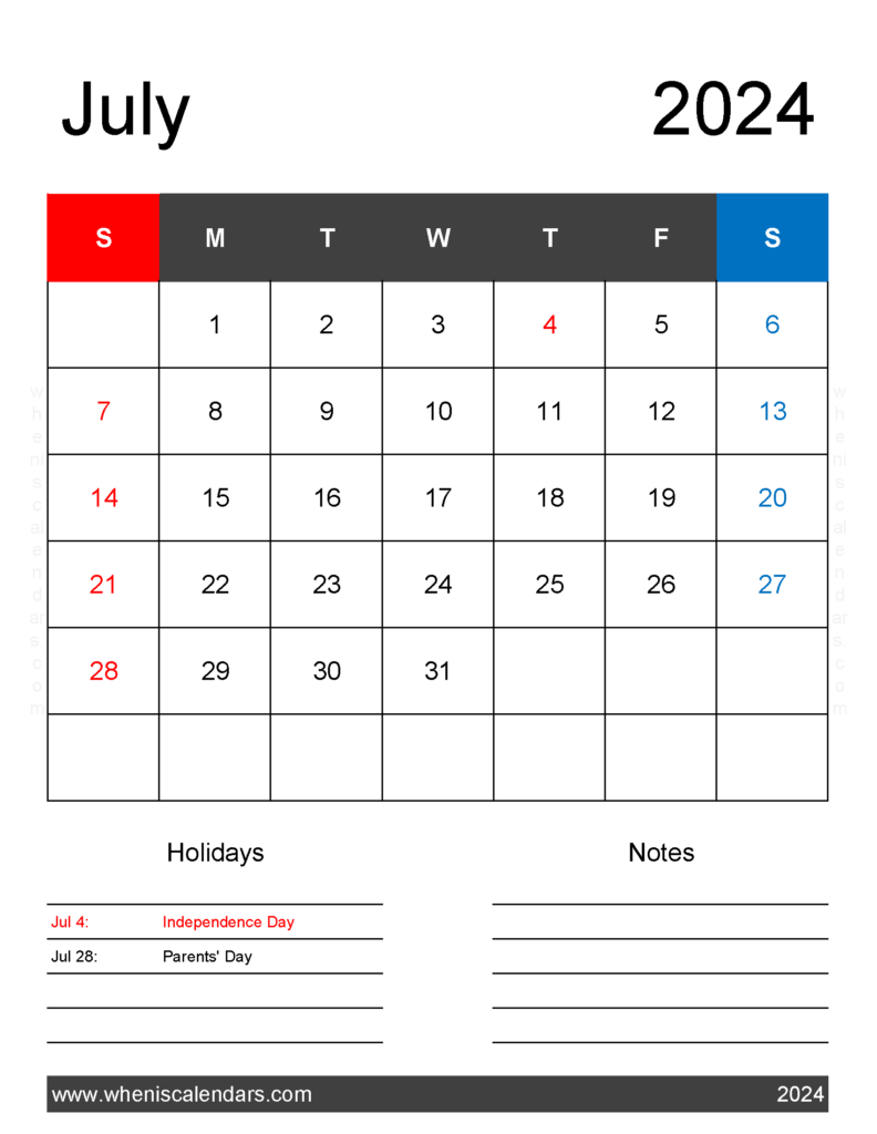 Download 2024 Printable July Calendar Letter Vertical 74181