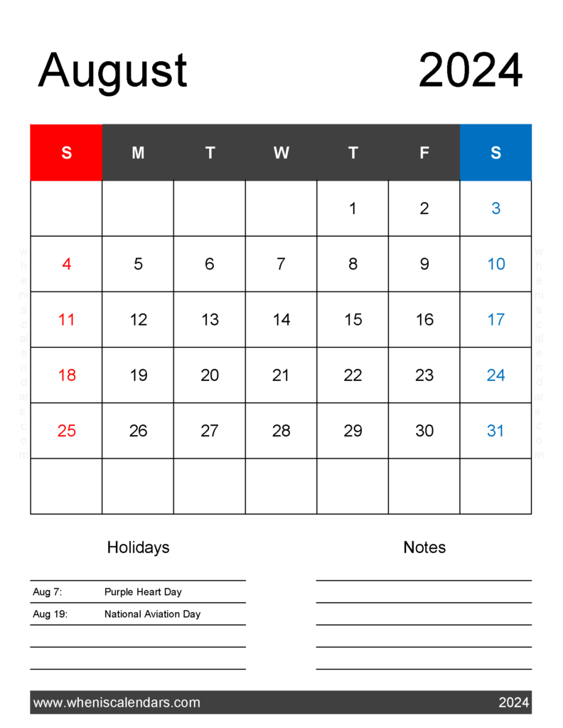 Download 2024 Printable August Calendar Letter Vertical 84181