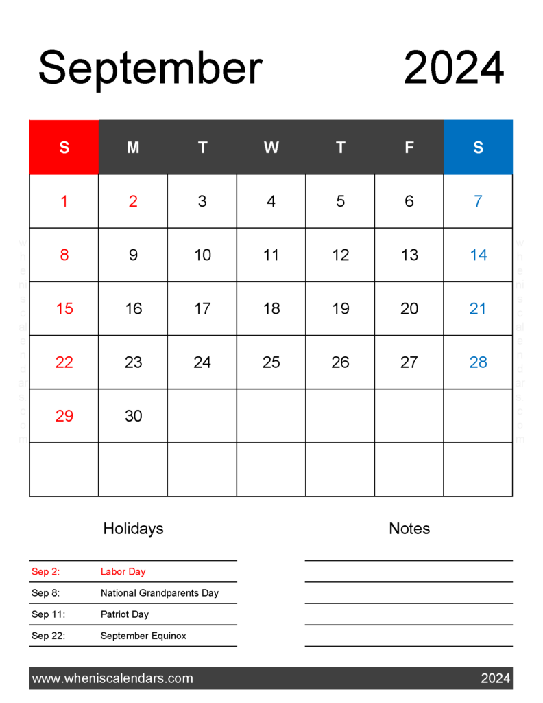 Download 2024 Printable September Calendar Letter Vertical 94181