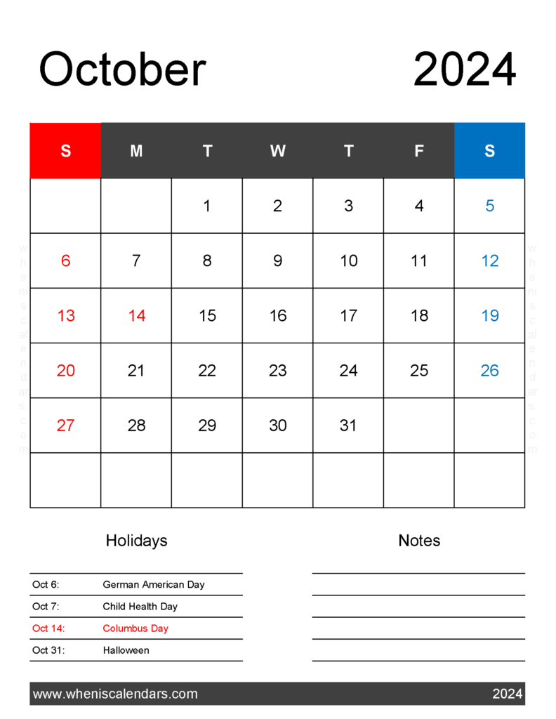 Download 2024 Printable October Calendar Letter Vertical 104181