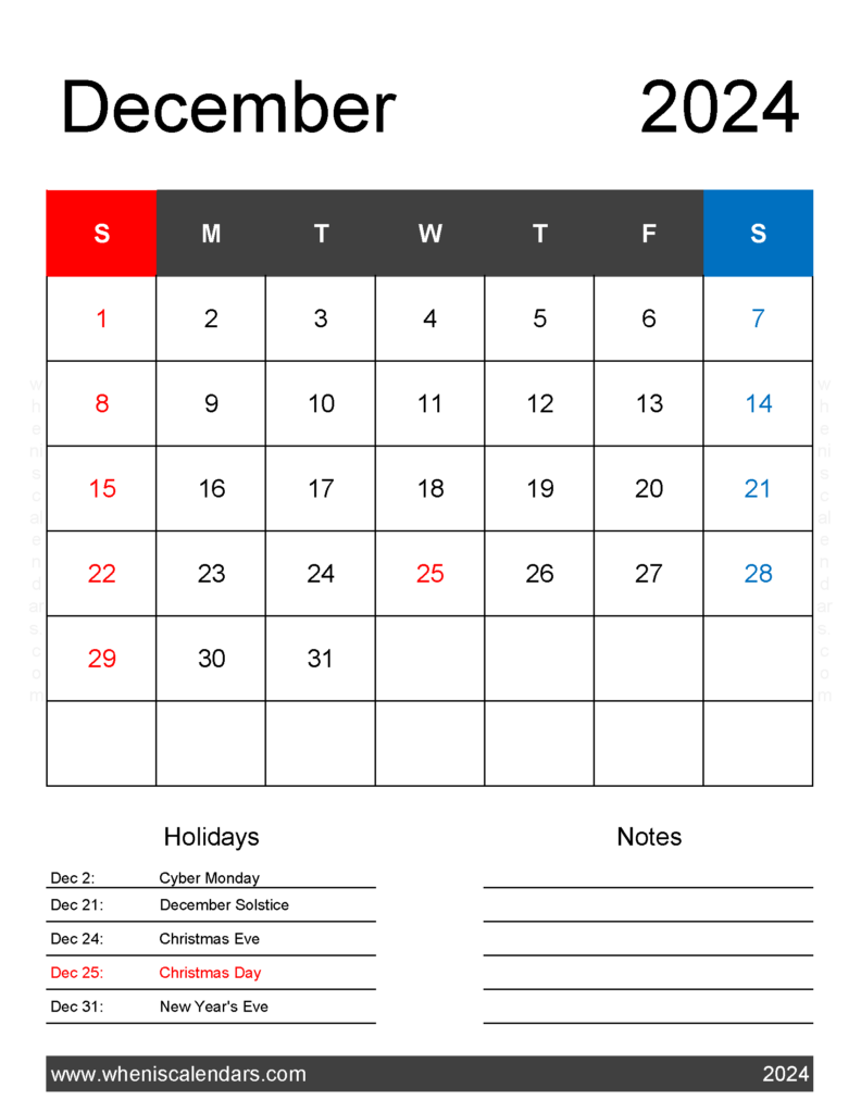 Download 2024 Printable December Calendar Letter Vertical 124181