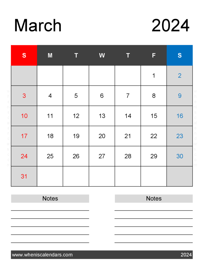Download March 2024 Calendar Free Printable with Holidays Letter Vertical 34262