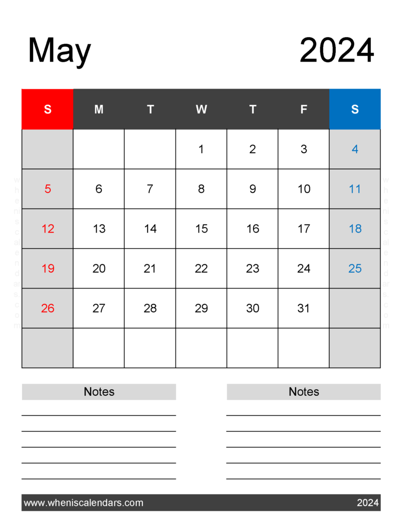 Download May 2024 Calendar Free Printable with Holidays Letter Vertical 54262