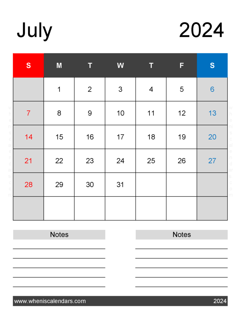 Download July 2024 Calendar Free Printable with Holidays Letter Vertical 74262
