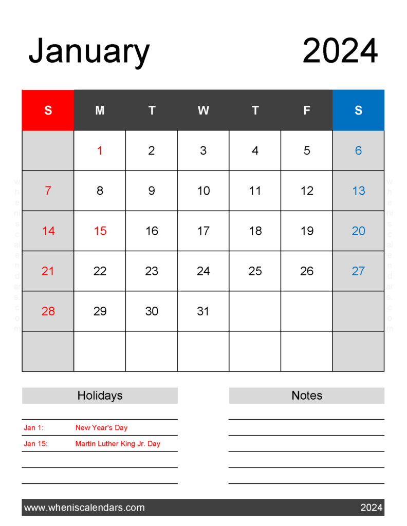 Download January 2024 Calendar Template Printable Letter Vertical J4182