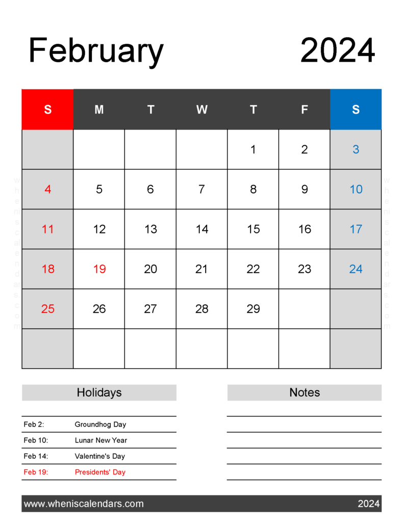 Download February 2024 Calendar Template Printable Letter Vertical 24182
