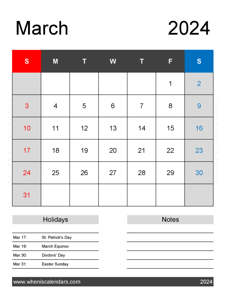 Download March 2024 Calendar Template Printable Letter Vertical 34182