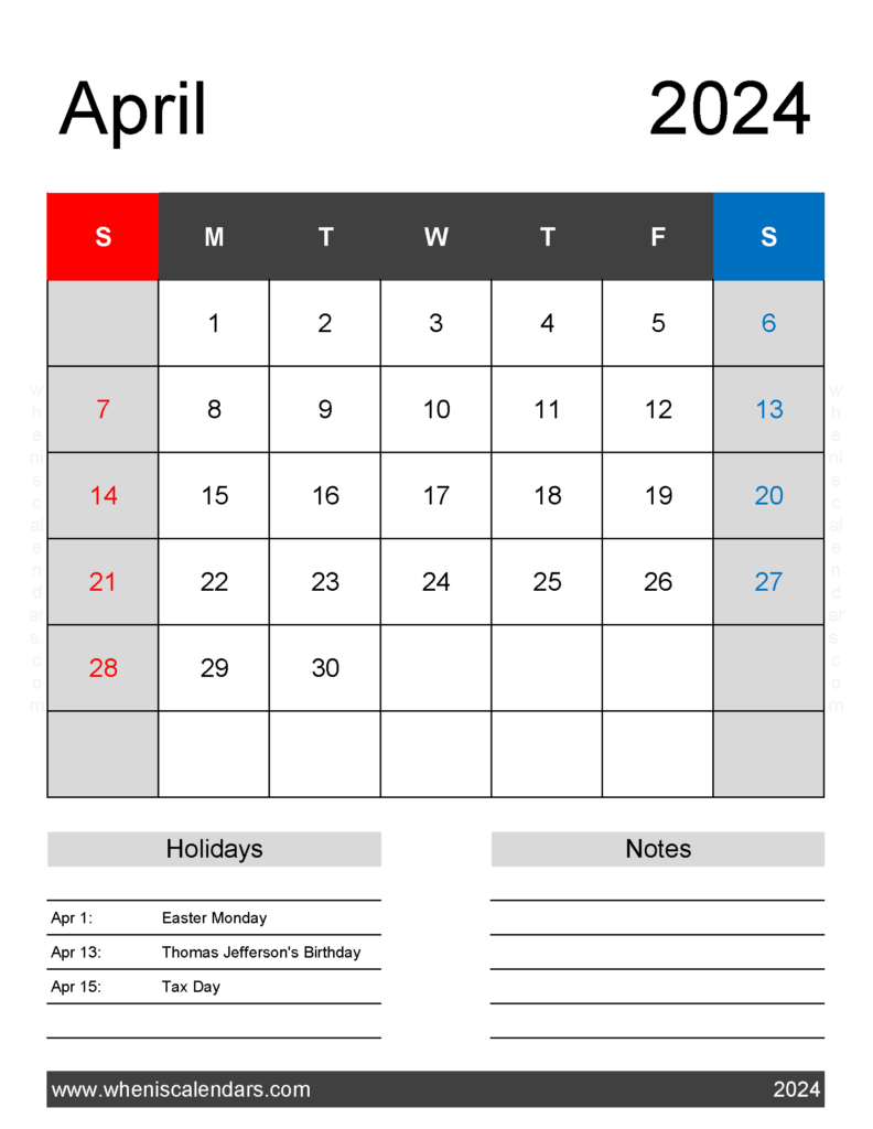 Download April 2024 Calendar Template Printable Letter Vertical 44182