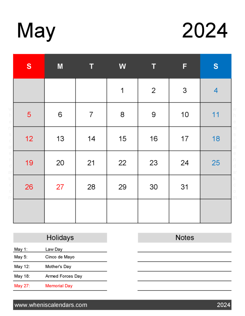 Download May 2024 Calendar Template Printable Letter Vertical 54182