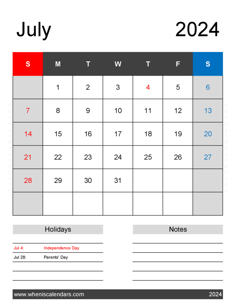 Download July 2024 Calendar Template Printable Letter Vertical 74182