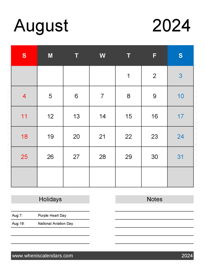 Download August 2024 Calendar Template Printable Letter Vertical 84182