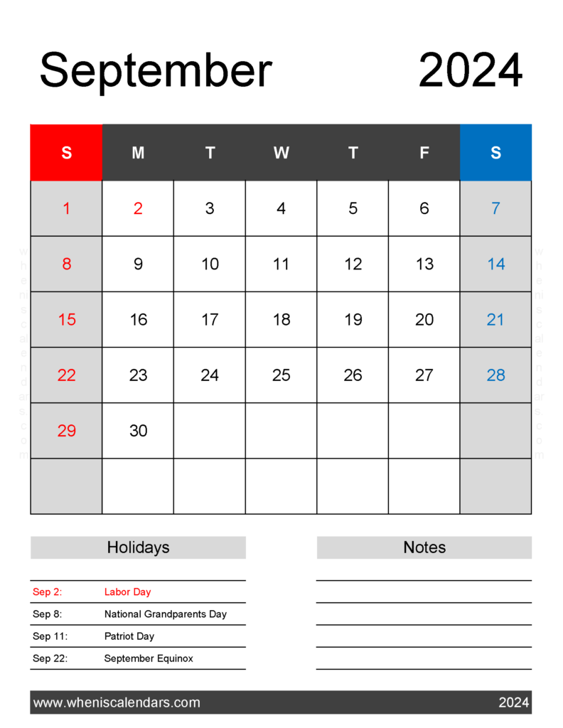 Download September 2024 Calendar Template Printable Letter Vertical 94182
