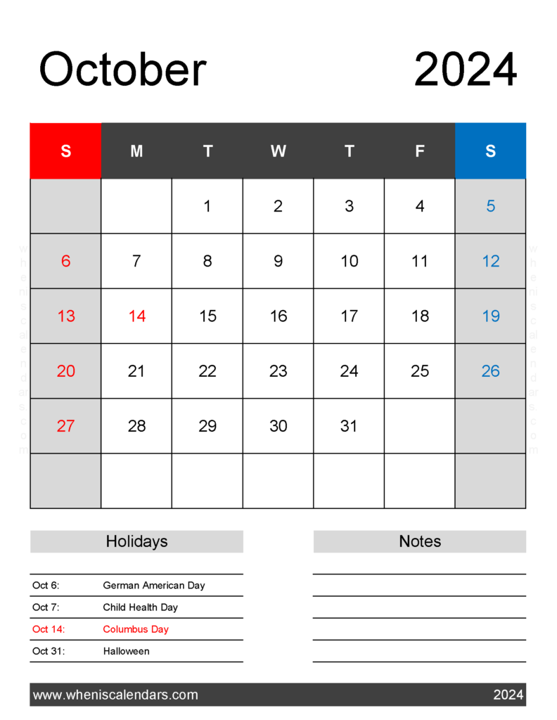 Download October 2024 Calendar Template Printable Letter Vertical 104182
