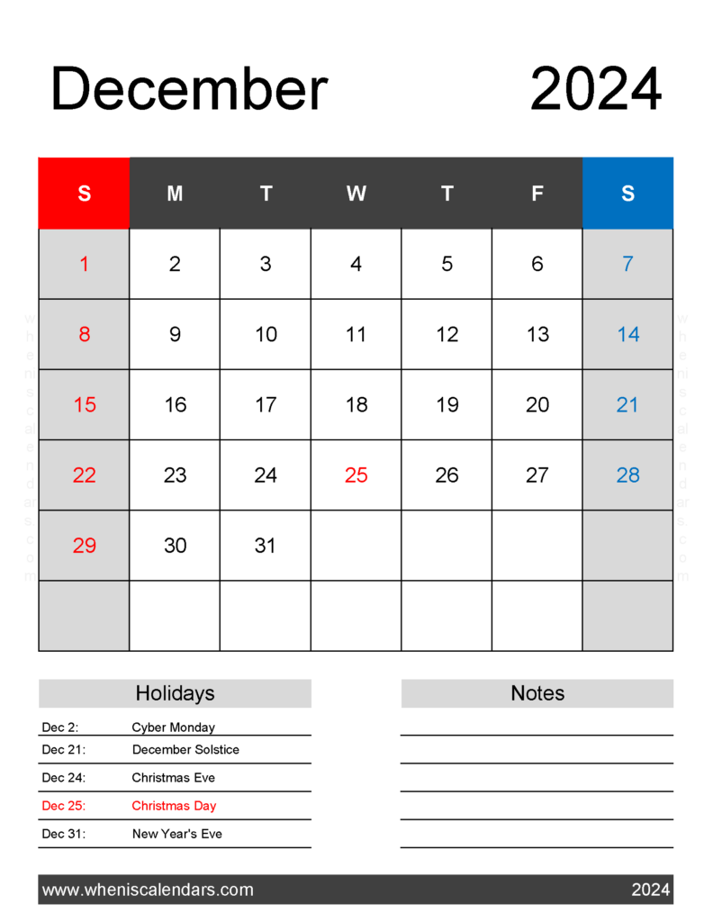 Download December 2024 Calendar Template Printable Letter Vertical 124182