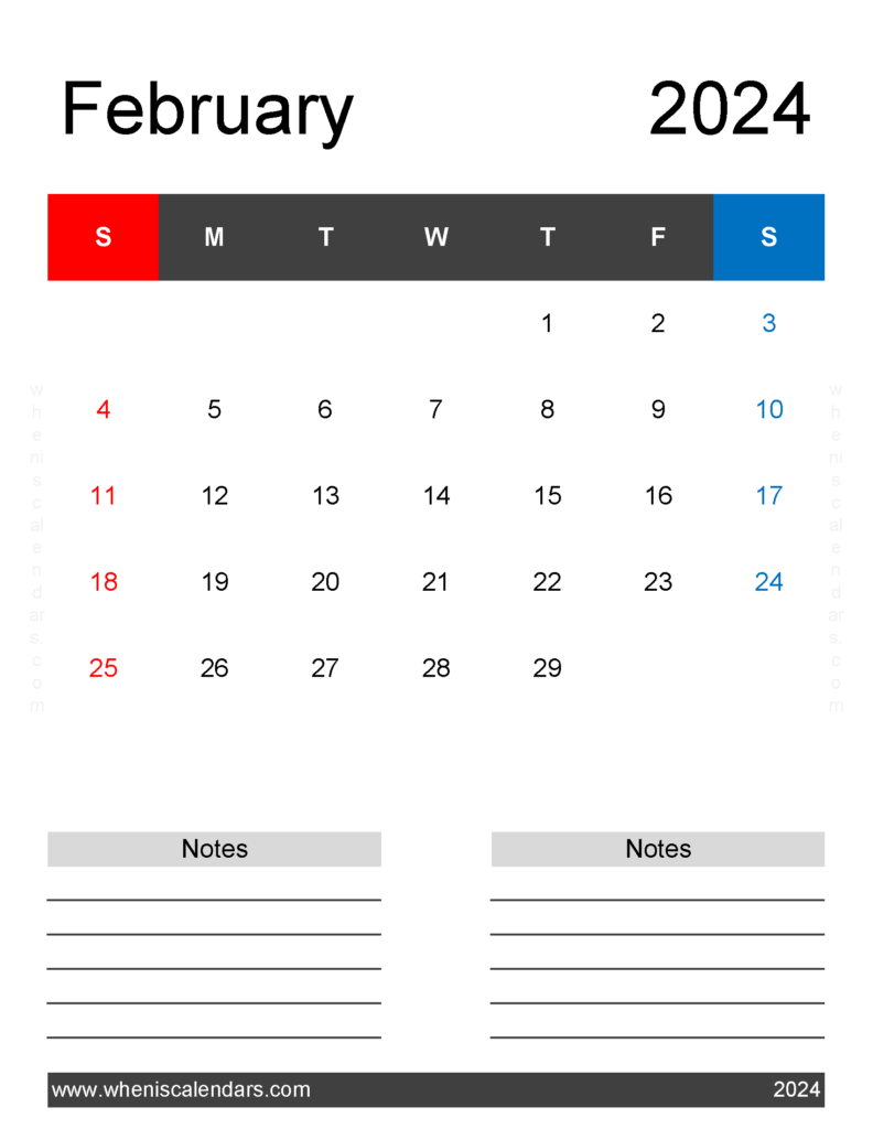 Download February 2024 Printable monthly Calendar Letter Vertical 24263