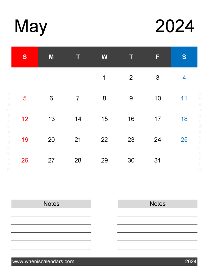 Download May 2024 Printable monthly Calendar Letter Vertical 54263