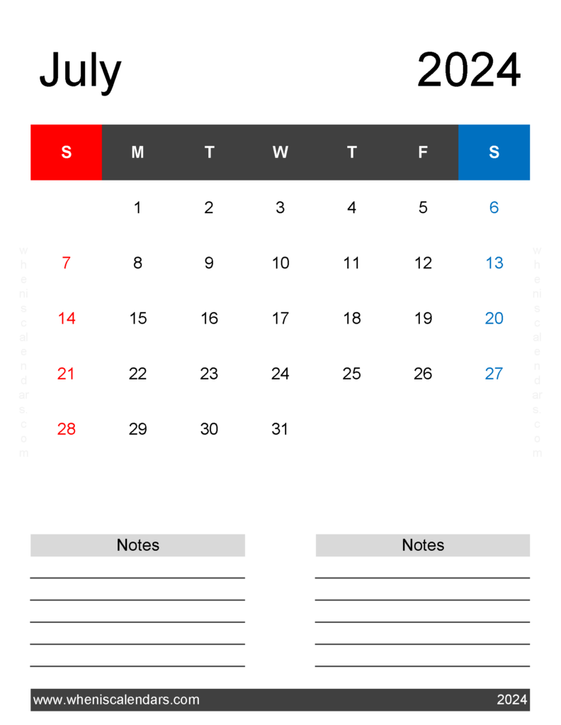 Download July 2024 Printable monthly Calendar Letter Vertical 74263
