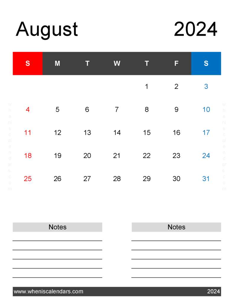 Download August 2024 Printable monthly Calendar Letter Vertical 84263