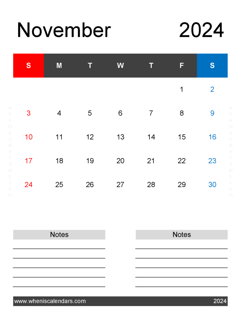 Download November 2024 Printable monthly Calendar Letter Vertical 114263