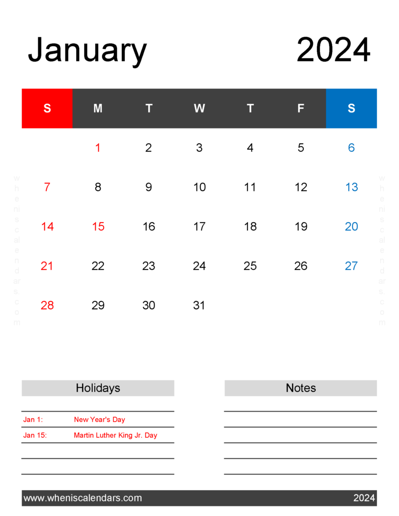Download Free print Calendar January 2024 Letter Vertical J4183