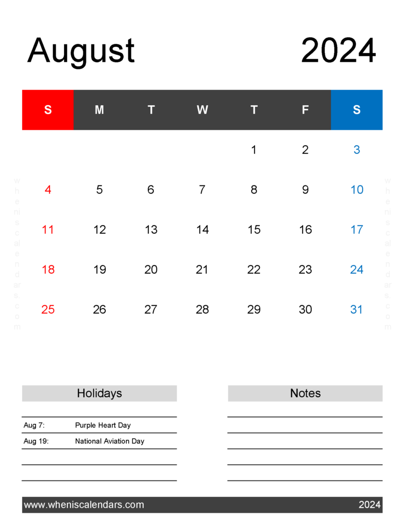 Download Free print Calendar August 2024 Letter Vertical 84183