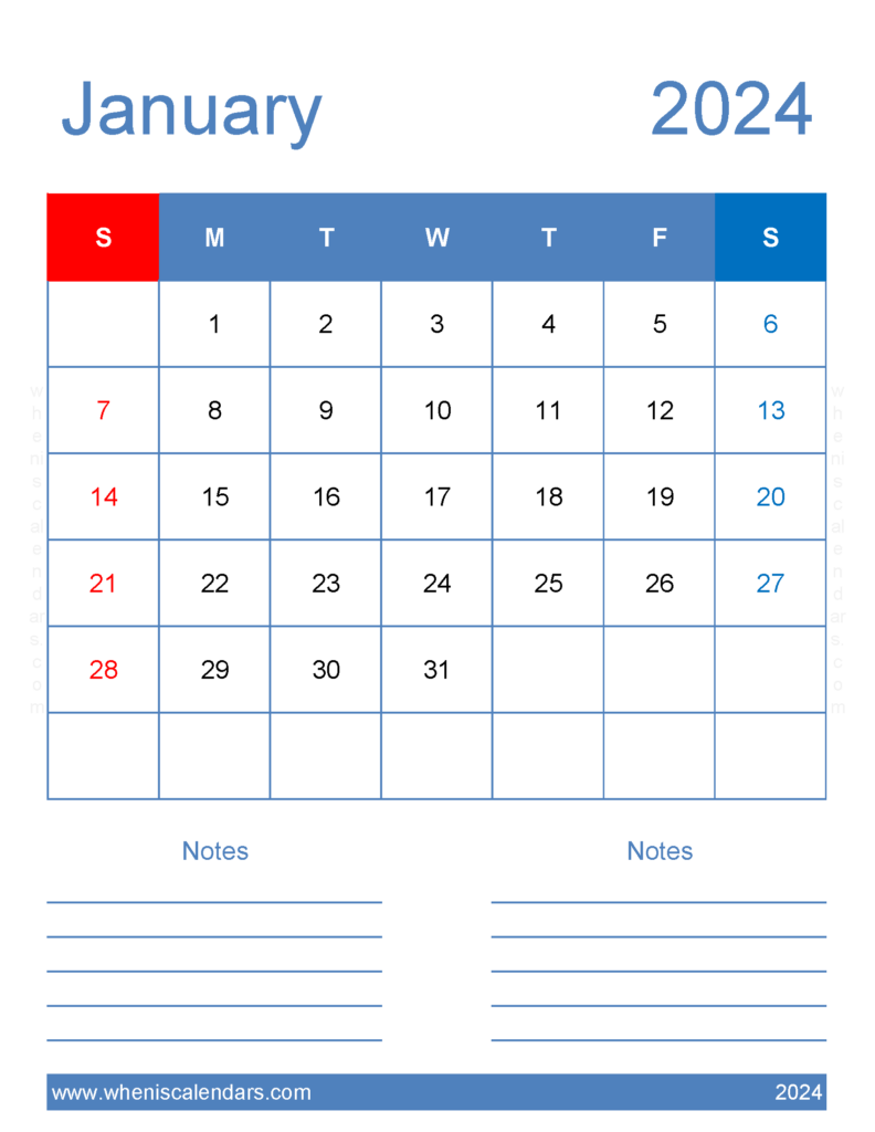 Download January 2024 Calendar Blank Calendar pages Letter Vertical J4265