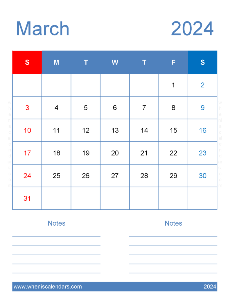 Download March 2024 Calendar Blank Calendar pages Letter Vertical 34265