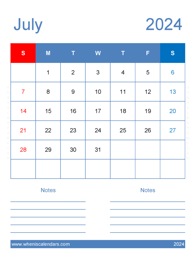 Download July 2024 Calendar Blank Calendar pages Letter Vertical 74265