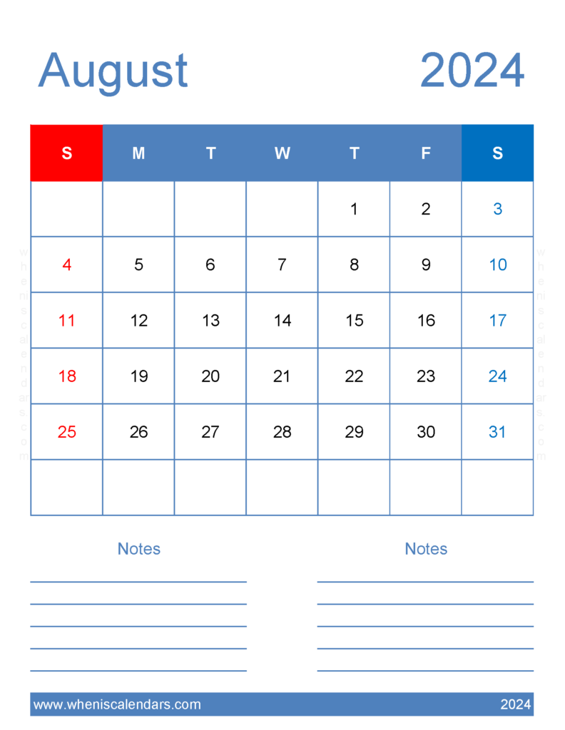 Download August 2024 Calendar Blank Calendar pages Letter Vertical 84265