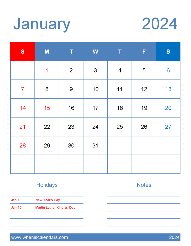 Download Blank January Calendar 2024 Printable Letter Vertical J4185