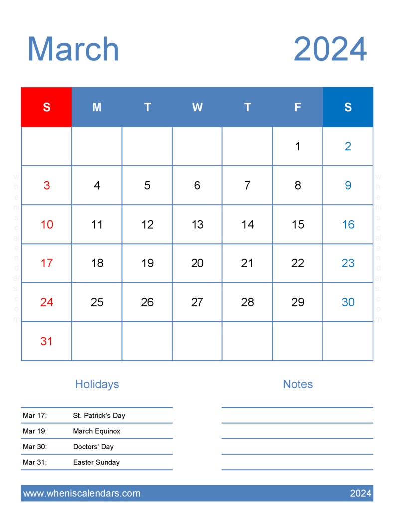 Download Blank March Calendar 2024 Printable Letter Vertical 34185