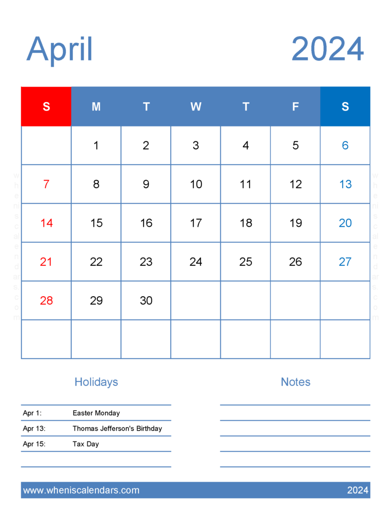Download Blank April Calendar 2024 Printable Letter Vertical 44185
