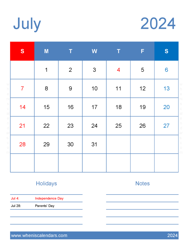 Download Blank July Calendar 2024 Printable Letter Vertical 74185