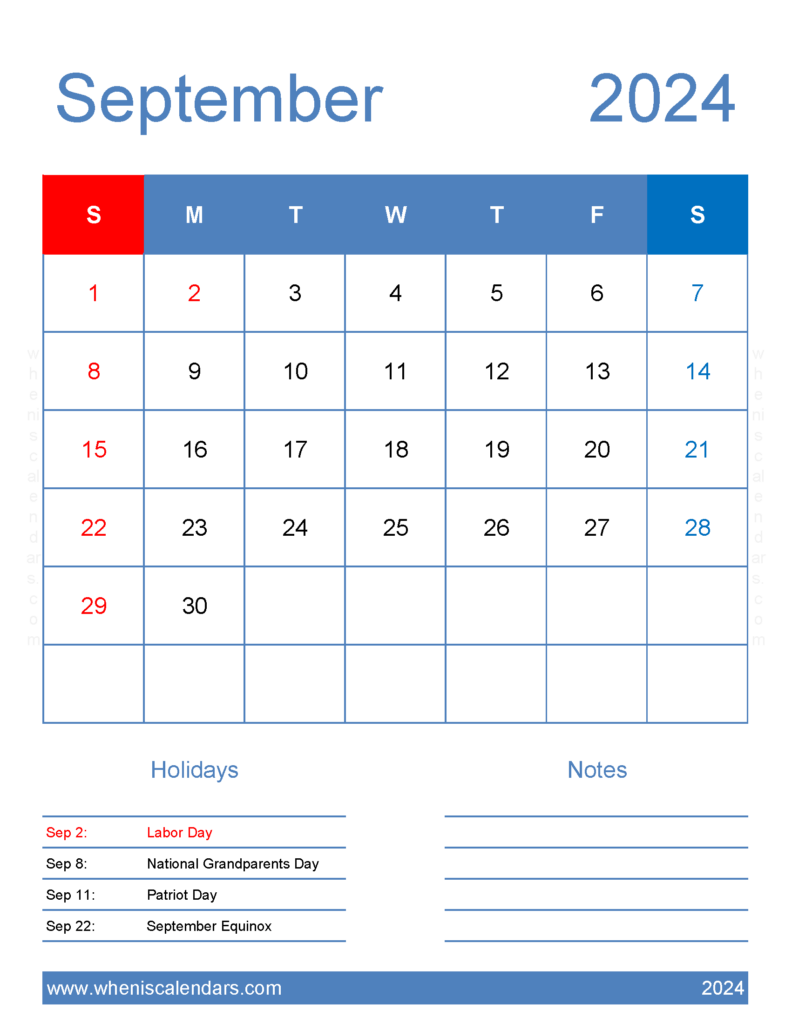 Download Blank September Calendar 2024 Printable Letter Vertical 94185