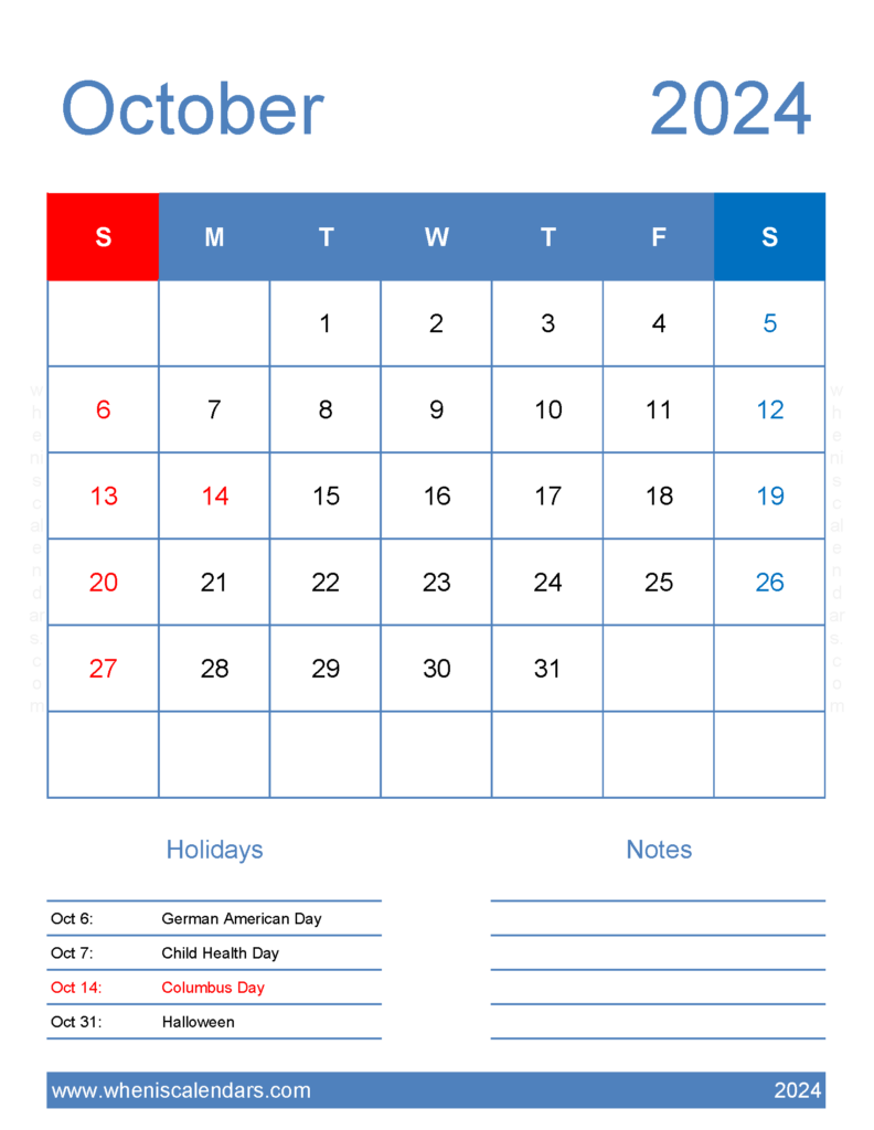 Download Blank October Calendar 2024 Printable Letter Vertical 104185