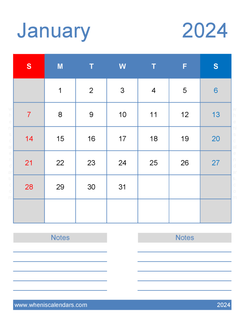 Download January 2024 Calendar with Holidays Printable Free Letter Vertical J4266