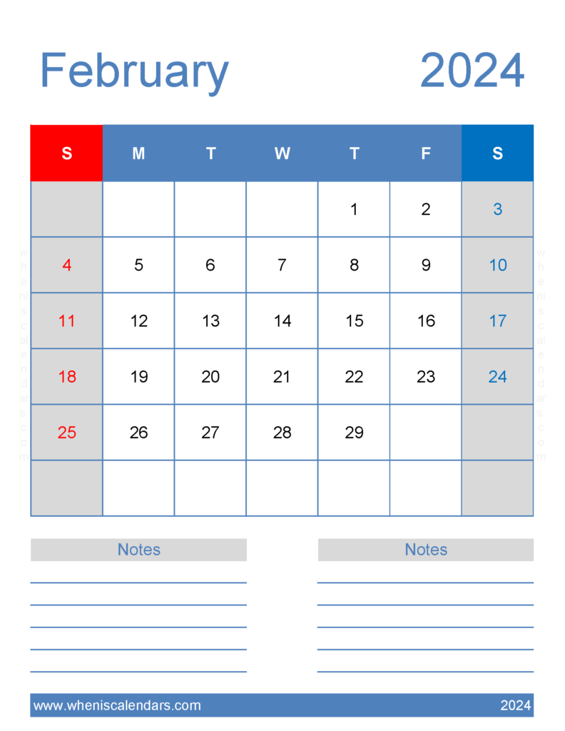 Download February 2024 Calendar with Holidays Printable Free Letter Vertical 24266
