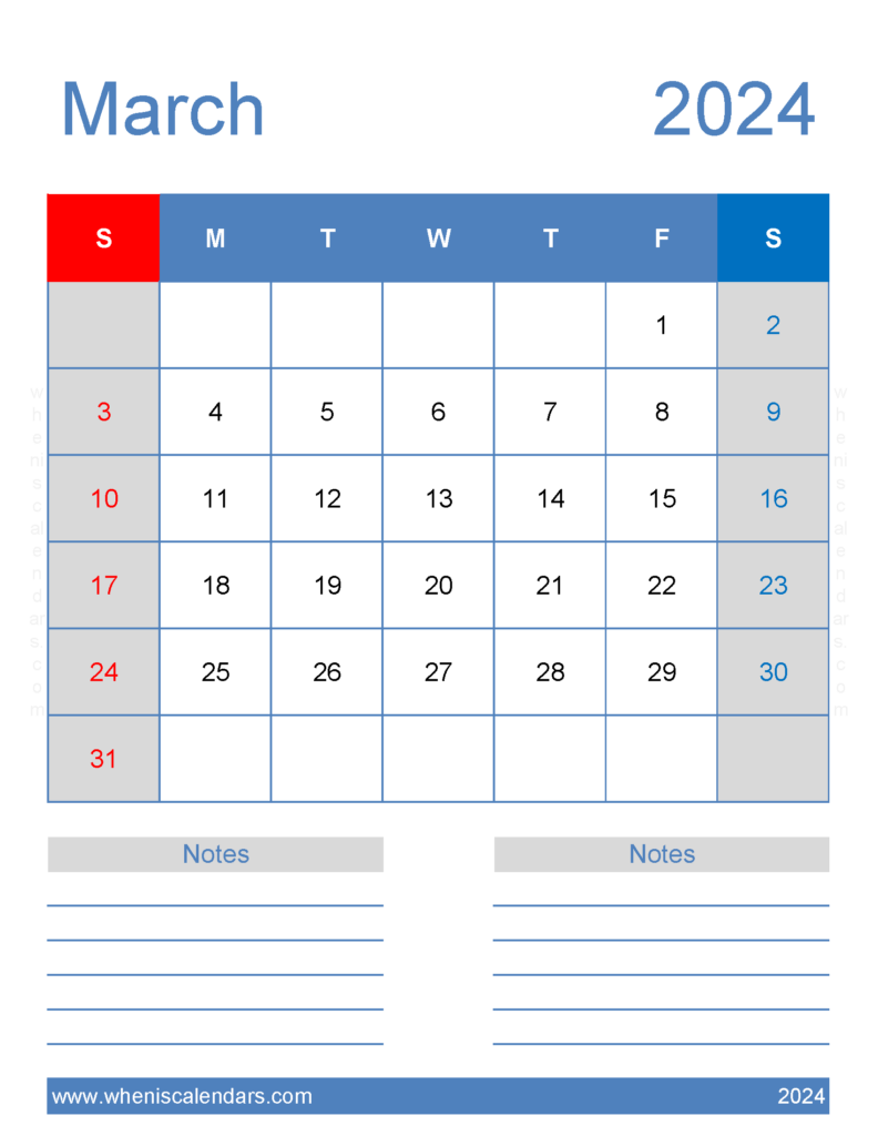 Download March 2024 Calendar with Holidays Printable Free Letter Vertical 34266
