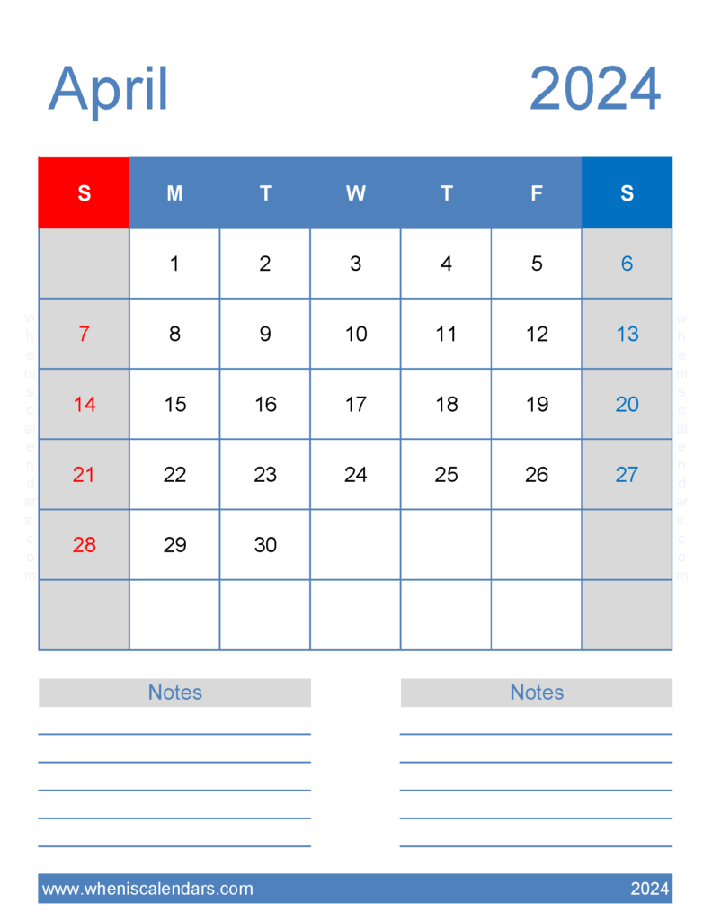 Download April 2024 Calendar with Holidays Printable Free Letter Vertical 44266
