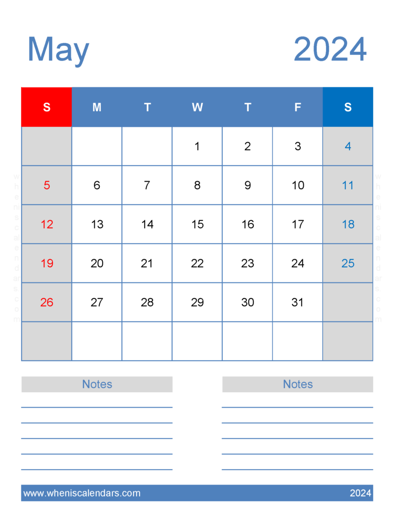 Download May 2024 Calendar with Holidays Printable Free Letter Vertical 54266